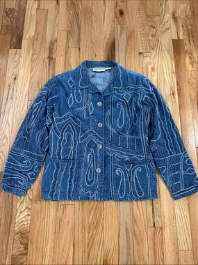 Think Positive Vintage Embroidered Denim Jacket Size Small